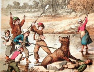 Gravure représentant des enfants chassant un loup qui essaie de dévorer l'un des leurs